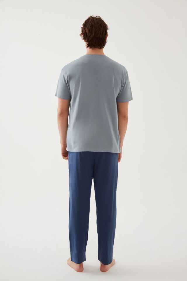 Erkek Pamuklu Kısa Kollu Baskı ve Cep Detaylı Pijama Takımı Mavi - Turuncu - 2XL
