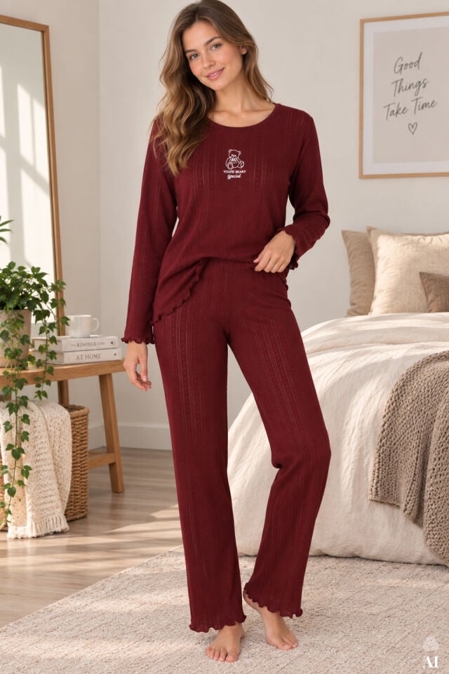 Kadın %100 pamuklu Ribana Baskılı Uzun Kollu Pijama Takımı Bordo - XL