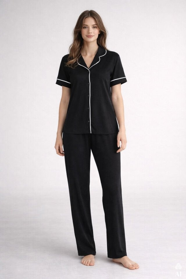 Sevgililer Günü Temalı Kadın Kısa Kollu Viskon - Yumuşak Dokulu Düğmeli Biyeli Bol Paça Pijama Takımı Siyah - S