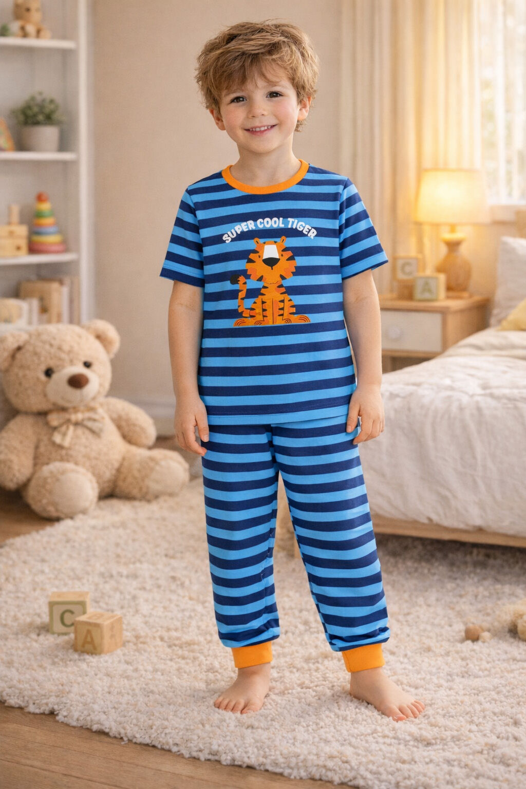 Erkek Çocuk Pamuklu Çizgili Baskılı Kısa Kollu Uzun Alt Pijama Takımı