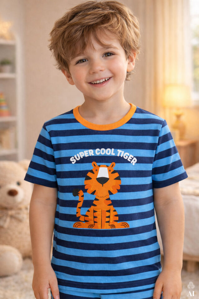 Erkek Çocuk Pamuklu Çizgili Baskılı Kısa Kollu Uzun Alt Pijama Takımı