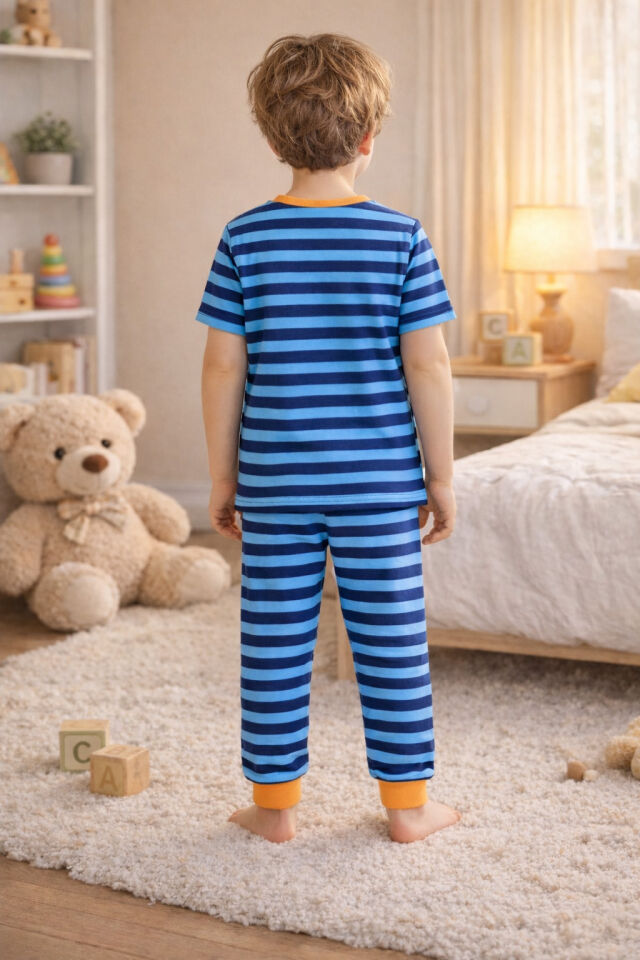 Erkek Çocuk Pamuklu Çizgili Baskılı Kısa Kollu Uzun Alt Pijama Takımı