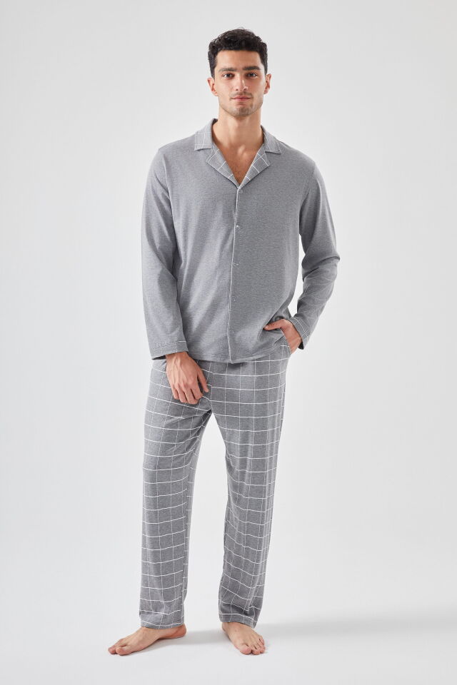 Erkek Pamuklu Gri Ekose Desenli Uzun Kollu Cep Detaylı Gömlek Yaka Pijama Takımı