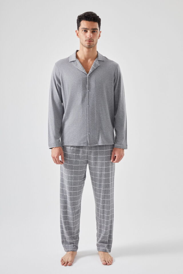 Erkek Pamuklu Gri Ekose Desenli Uzun Kollu Cep Detaylı Gömlek Yaka Pijama Takımı