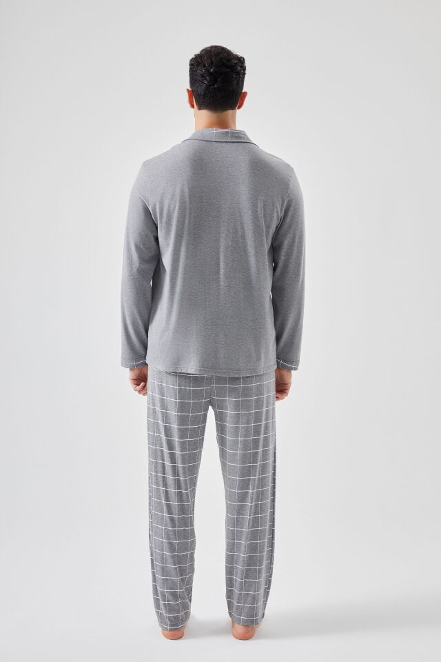 Erkek Pamuklu Gri Ekose Desenli Uzun Kollu Cep Detaylı Gömlek Yaka Pijama Takımı