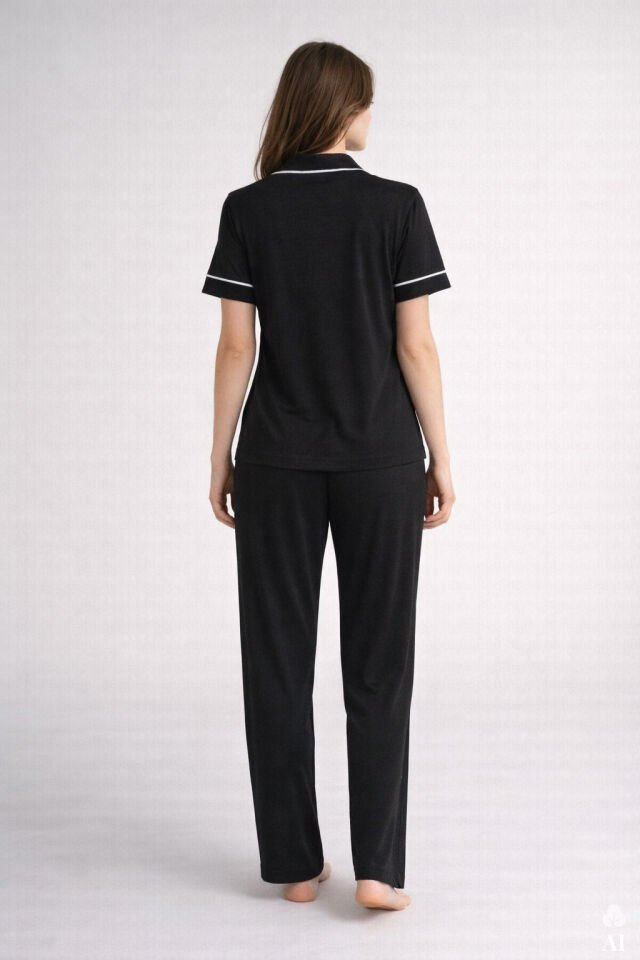 Sevgililer Günü Temalı Kadın Kısa Kollu Viskon - Yumuşak Dokulu Düğmeli Biyeli Bol Paça Pijama Takımı Siyah - 2XL