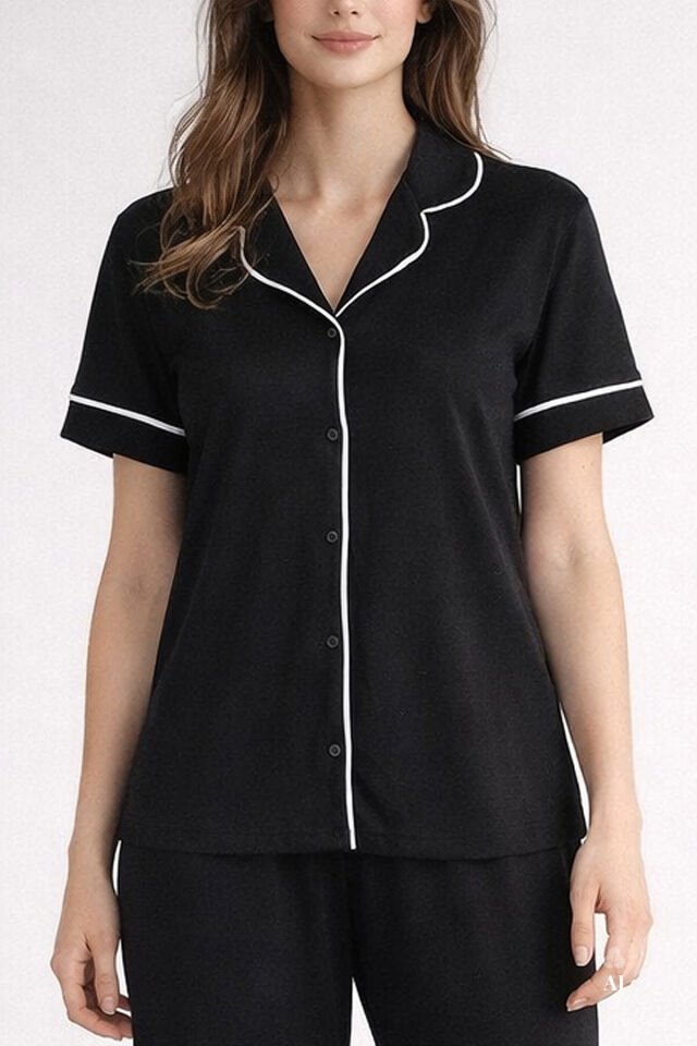 Sevgililer Günü Temalı Kadın Kısa Kollu Viskon - Yumuşak Dokulu Düğmeli Biyeli Bol Paça Pijama Takımı Siyah - 2XL