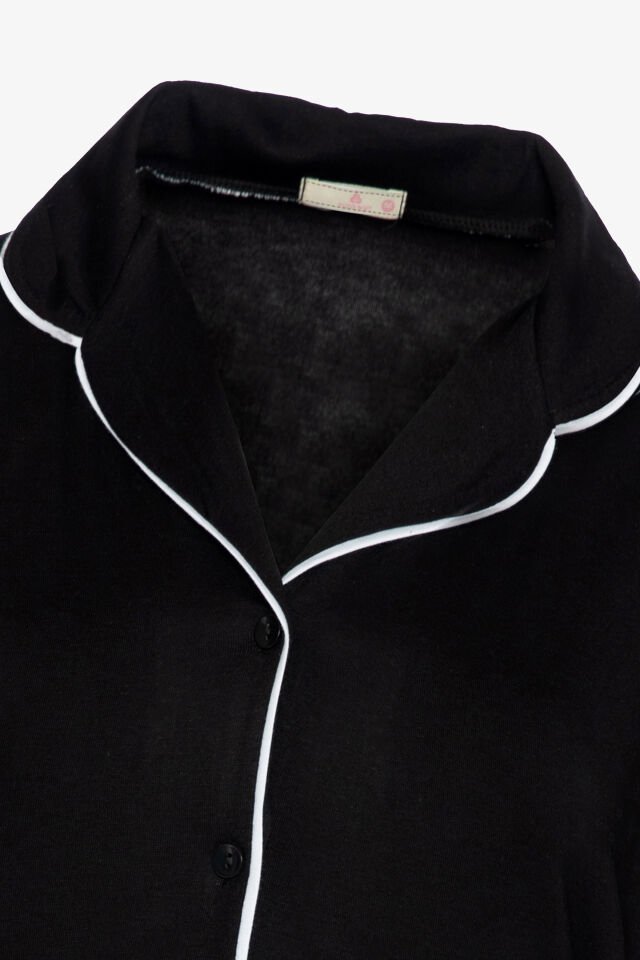 Sevgililer Günü Temalı Kadın Kısa Kollu Viskon - Yumuşak Dokulu Düğmeli Biyeli Bol Paça Pijama Takımı Siyah - 2XL