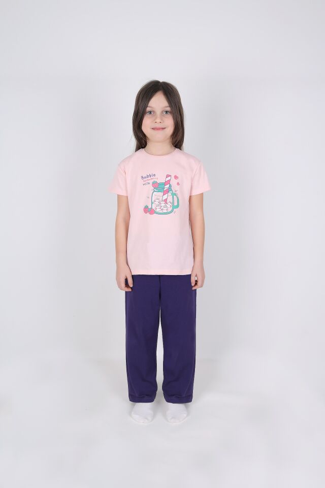 Kız Çocuk Pamuklu Kısa Kollu Baskılı Pijama Takımı