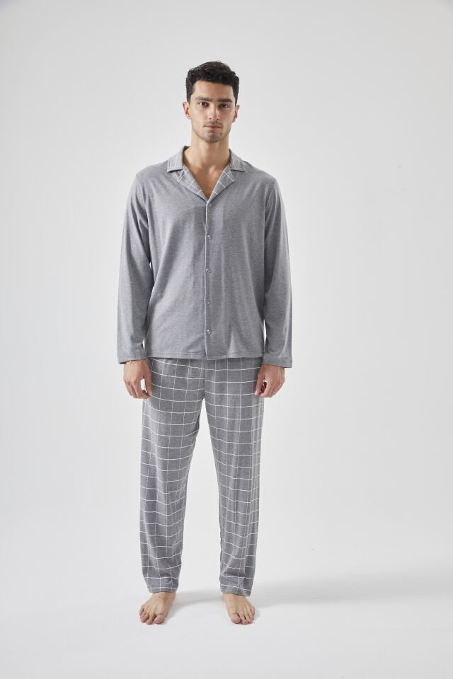 Erkek Pamuklu Gri Ekose Desenli Uzun Kollu Cep Detaylı Gömlek Yaka Pijama Takımı Gri - S