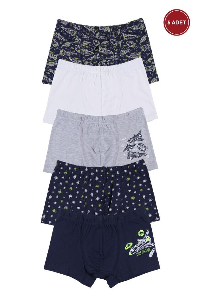 Erkek Çocuk Pamuklu 5'li Baskılı Boxer Lacivert - Gri - 7-9 Yaş