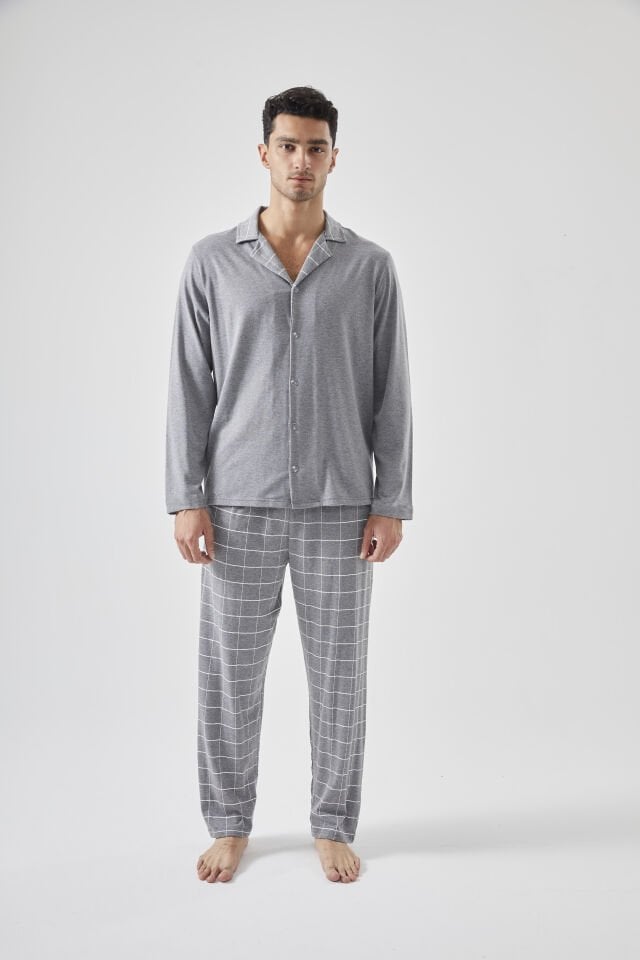 Erkek Pamuklu Gri Ekose Desenli Uzun Kollu Cep Detaylı Gömlek Yaka Pijama Takımı Gri - M