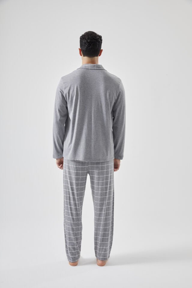 Erkek Pamuklu Gri Ekose Desenli Uzun Kollu Cep Detaylı Gömlek Yaka Pijama Takımı Gri - M