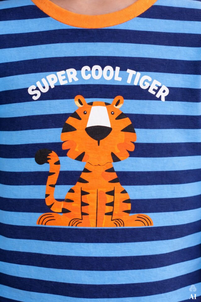 Erkek Çocuk Pamuklu Çizgili Baskılı Kısa Kollu Uzun Alt Pijama Takımı Mavi - Turuncu - 9-10 Yaş