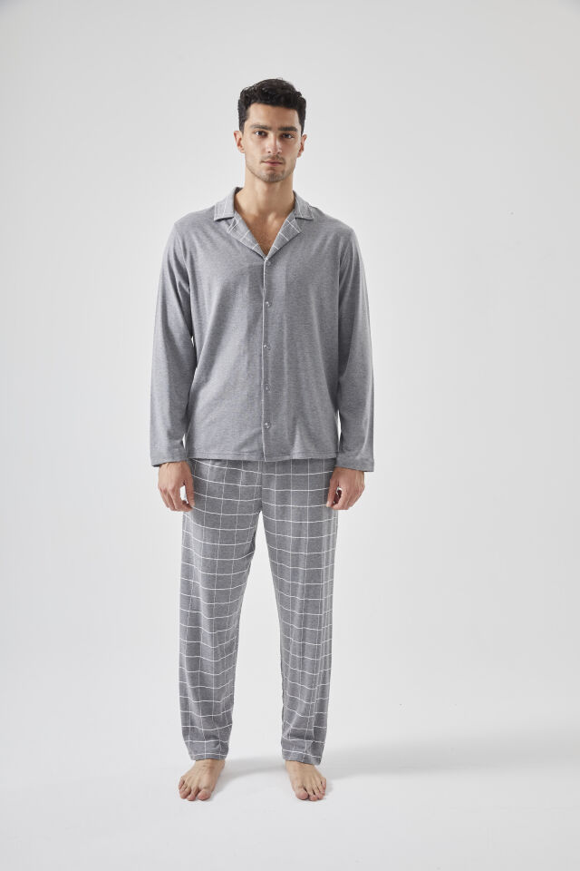 Erkek Pamuklu Gri Ekose Desenli Uzun Kollu Cep Detaylı Gömlek Yaka Pijama Takımı Gri - L