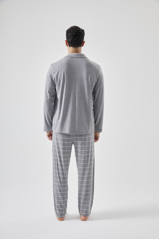 Erkek Pamuklu Gri Ekose Desenli Uzun Kollu Cep Detaylı Gömlek Yaka Pijama Takımı Gri - L