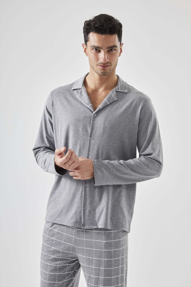Erkek Pamuklu Gri Ekose Desenli Uzun Kollu Cep Detaylı Gömlek Yaka Pijama Takımı Gri - XL