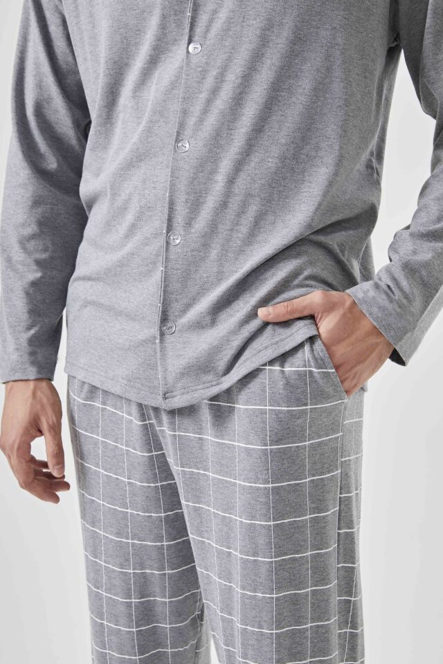 Erkek Pamuklu Gri Ekose Desenli Uzun Kollu Cep Detaylı Gömlek Yaka Pijama Takımı Gri - XL