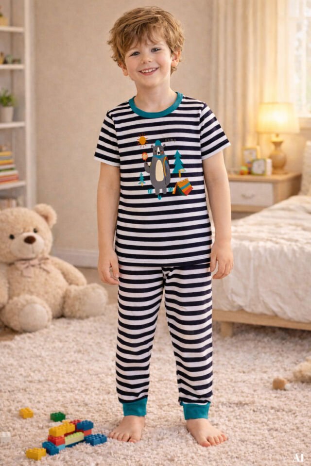 Erkek Çocuk Pamuklu Çizgili Baskılı Kısa Kollu Uzun Alt Pijama Takımı Lacivert - Beyaz - 7-8 Yaş