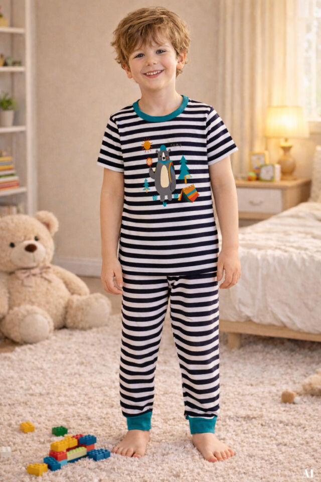 Erkek Çocuk Pamuklu Çizgili Baskılı Kısa Kollu Uzun Alt Pijama Takımı Lacivert - Beyaz - 7-8 Yaş