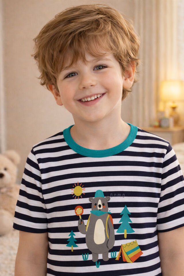 Erkek Çocuk Pamuklu Çizgili Baskılı Kısa Kollu Uzun Alt Pijama Takımı Lacivert - Beyaz - 7-8 Yaş