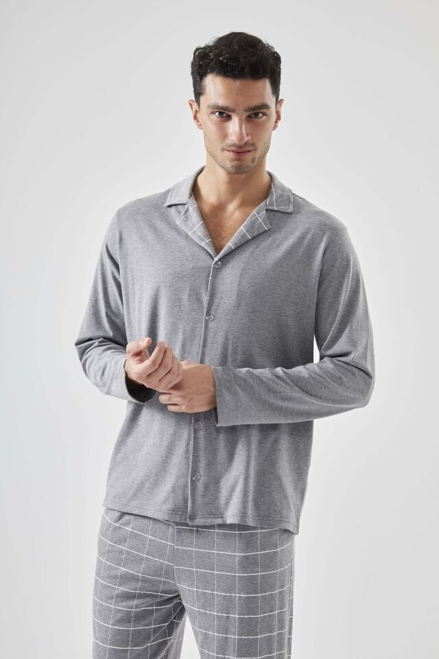 Erkek Pamuklu Gri Ekose Desenli Uzun Kollu Cep Detaylı Gömlek Yaka Pijama Takımı Gri - 2XL