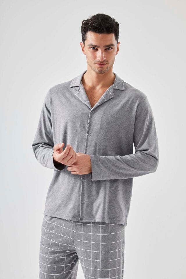 Erkek Pamuklu Gri Ekose Desenli Uzun Kollu Cep Detaylı Gömlek Yaka Pijama Takımı Gri - 2XL