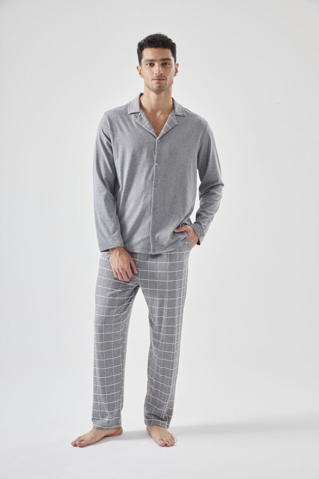 Erkek Pamuklu Gri Ekose Desenli Uzun Kollu Cep Detaylı Gömlek Yaka Pijama Takımı Gri - 2XL