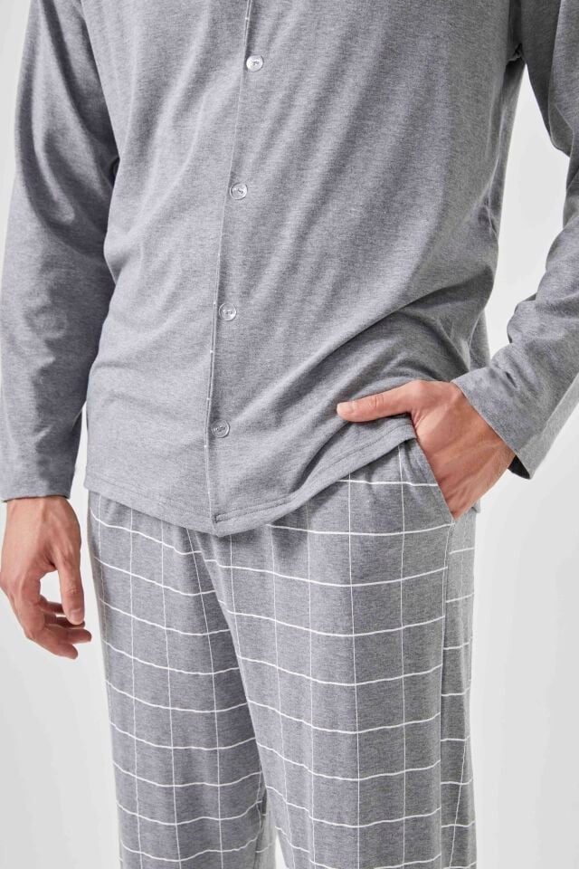 Erkek Pamuklu Gri Ekose Desenli Uzun Kollu Cep Detaylı Gömlek Yaka Pijama Takımı Gri - 2XL