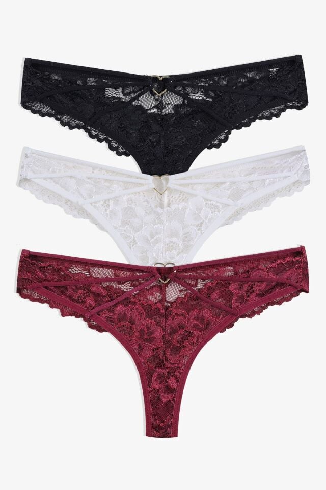 Kadın 3'lü Dantelli-İpli Fantezi Tanga siyah-beyaz-bordo - M - siyah-beyaz-bordo - M