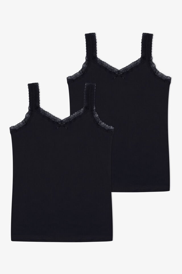 Kadın Pamuklu 2’li Kol Yaka Dantelli Geniş Askılı Atlet Siyah - L-XL