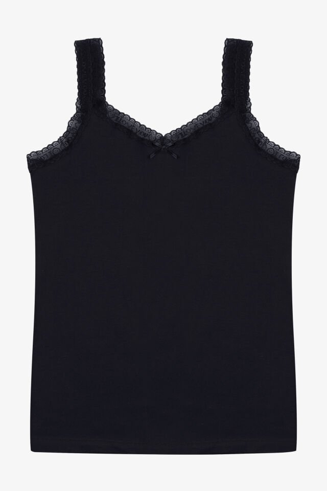 Kadın Pamuklu 2’li Kol Yaka Dantelli Geniş Askılı Atlet Siyah - L-XL