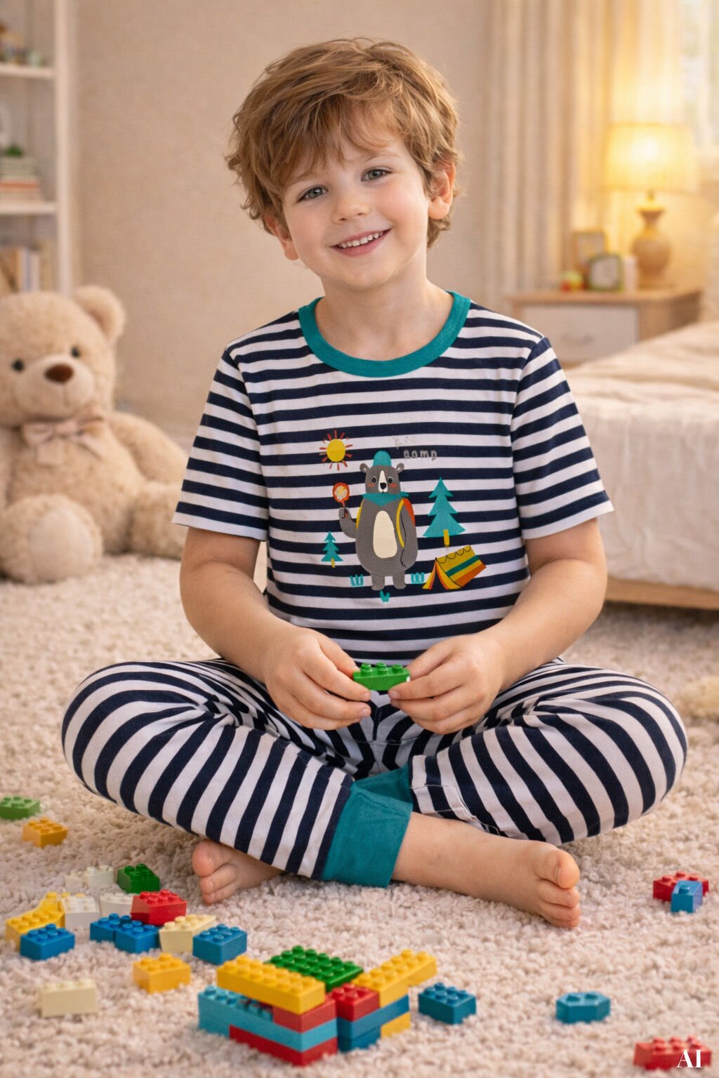 Erkek Çocuk Pamuklu Çizgili Baskılı Kısa Kollu Uzun Alt Pijama Takımı Lacivert - Beyaz - 9-10 Yaş