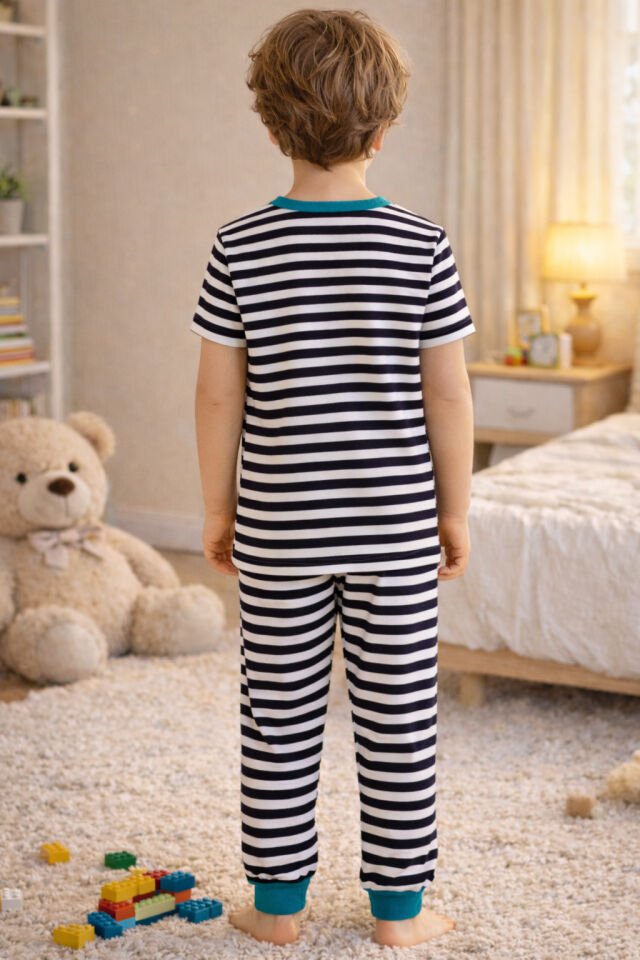 Erkek Çocuk Pamuklu Çizgili Baskılı Kısa Kollu Uzun Alt Pijama Takımı Lacivert - Beyaz - 9-10 Yaş