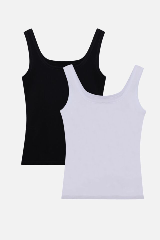 Kadın 2'li Kalın Askılı Likralı Atlet Siyahbeyaz - 2XL - Siyahbeyaz - 2XL