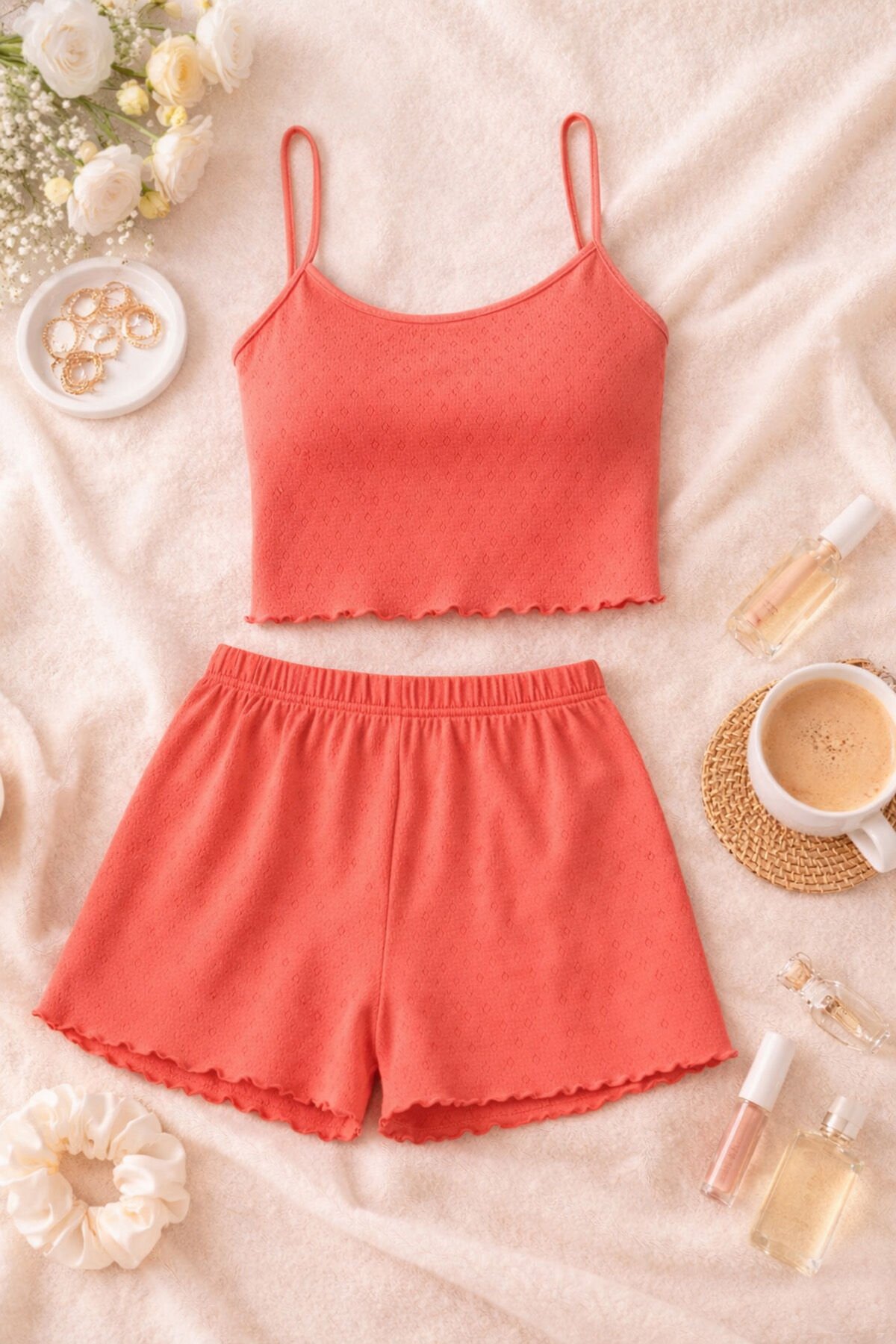 Kadın Pamuklu İp Askılı Şort Takım XL