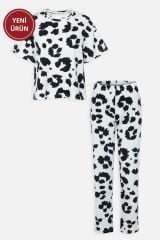Kadın Yarım Kollu Pamuklu Leopar Desenli Pijama Takımı Beyaz - M