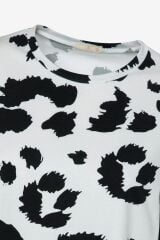 Kadın Yarım Kollu Pamuklu Leopar Desenli Pijama Takımı Beyaz - M