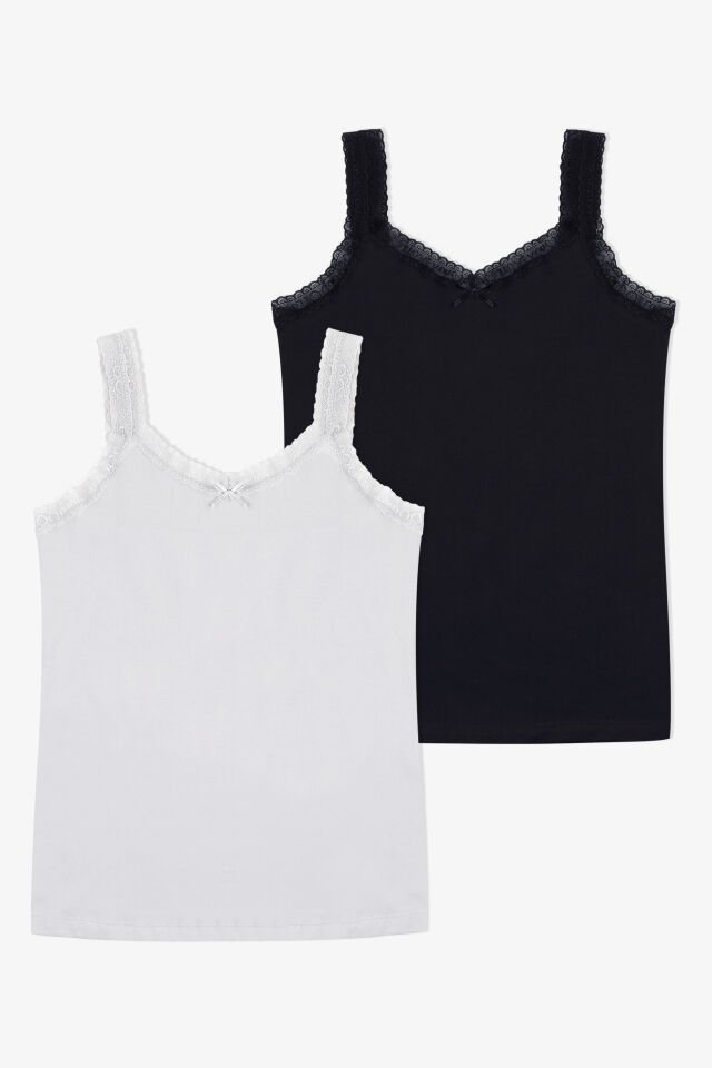 Kadın Pamuklu 2’li Kol Yaka Dantelli Geniş Askılı Atlet Siyah - Beyaz - L-XL