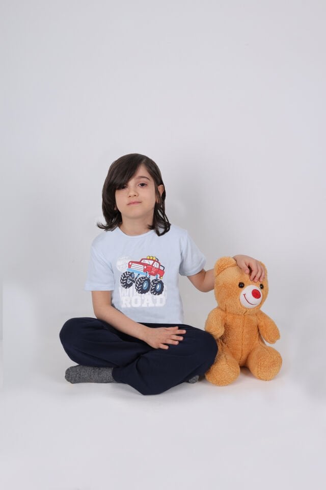 Erkek Çocuk Pamuklu Kısa Kollu Baskılı Pijama Takımı Mavi - Lacivert - 7-8 Yaş