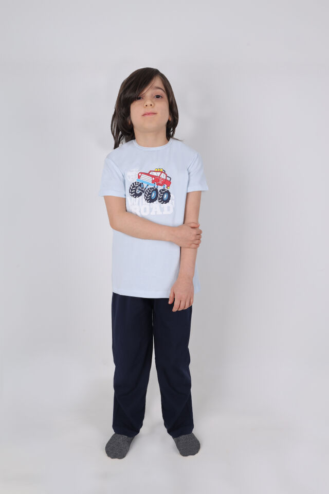 Erkek Çocuk Pamuklu Kısa Kollu Baskılı Pijama Takımı Mavi - Lacivert - 7-8 Yaş