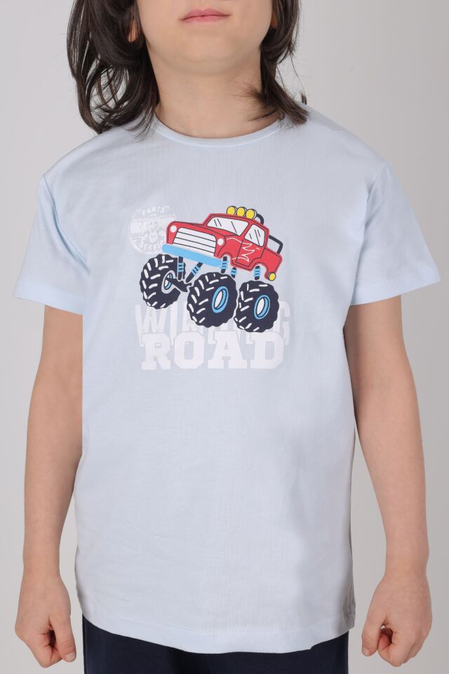Erkek Çocuk Pamuklu Kısa Kollu Baskılı Pijama Takımı Mavi - Lacivert - 7-8 Yaş