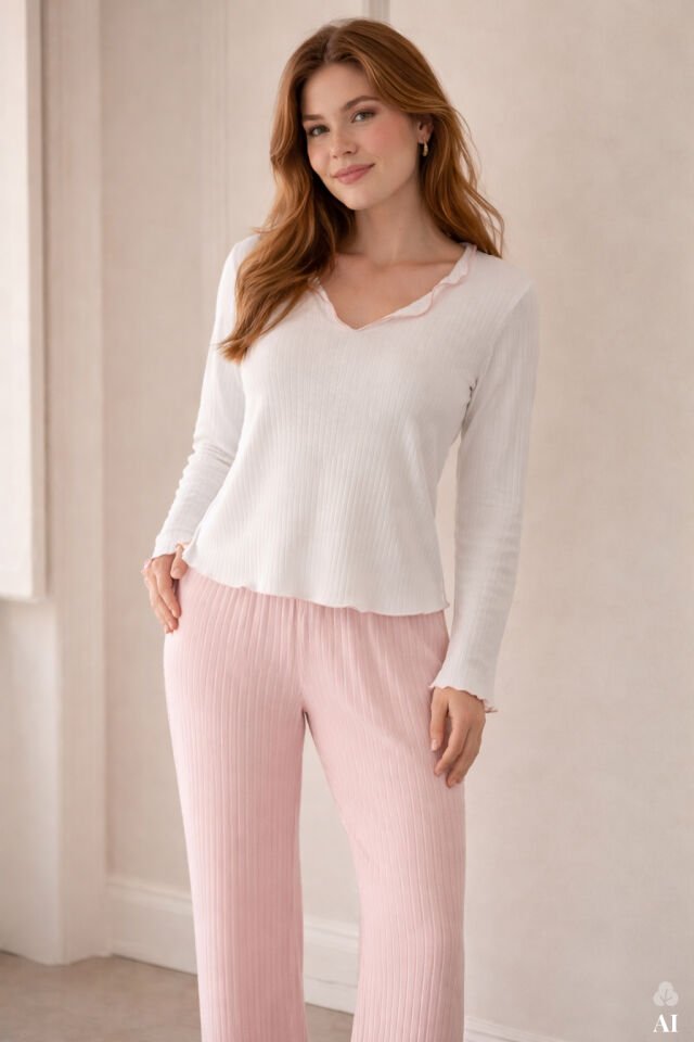 Kadın Soft Touch Fitilli Uzun Kollu Pijama Takımı XL
