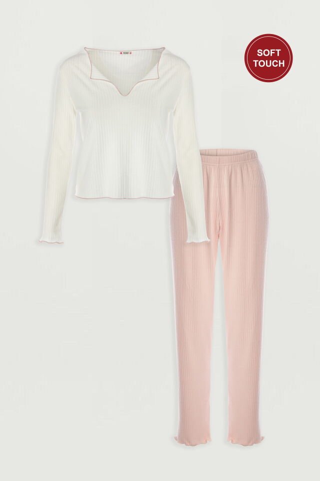 Kadın Soft Touch Fitilli Uzun Kollu Pijama Takımı XL