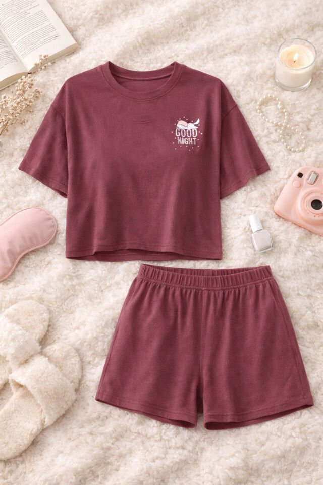 Kadın Yumuşak Dokulu Kısa Kollu Şortlu Pijama Takımı Pudra - L