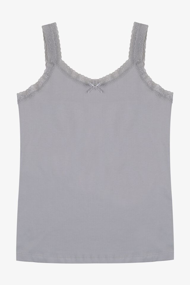 Kadın Pamuklu 2’li Kol Yaka Dantelli Geniş Askılı Atlet Lacivert - Gri - L-XL