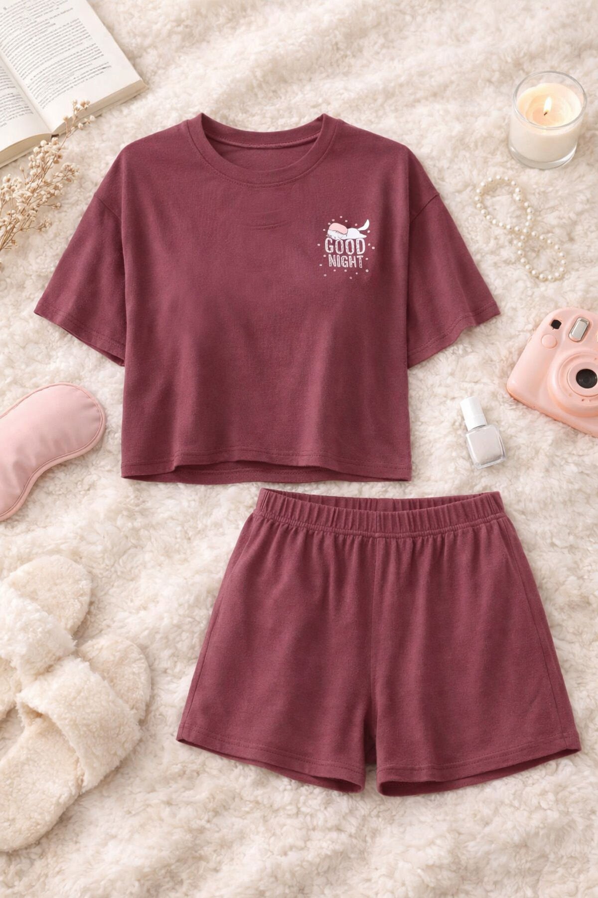 Kadın Yumuşak Dokulu Kısa Kollu Şortlu Pijama Takımı Pudra - XL