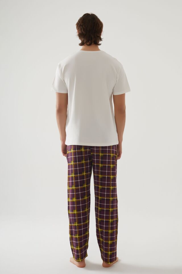 Erkek Kısa Kollu Pamuklu Ekose Desenli Breakfast Baskılı Pijama Takımı Bordo - Ekru - Sarı - L