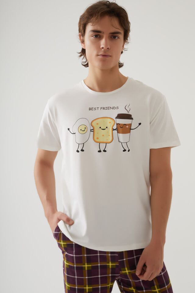 Erkek Kısa Kollu Pamuklu Ekose Desenli Breakfast Baskılı Pijama Takımı Bordo - Ekru - Sarı - L