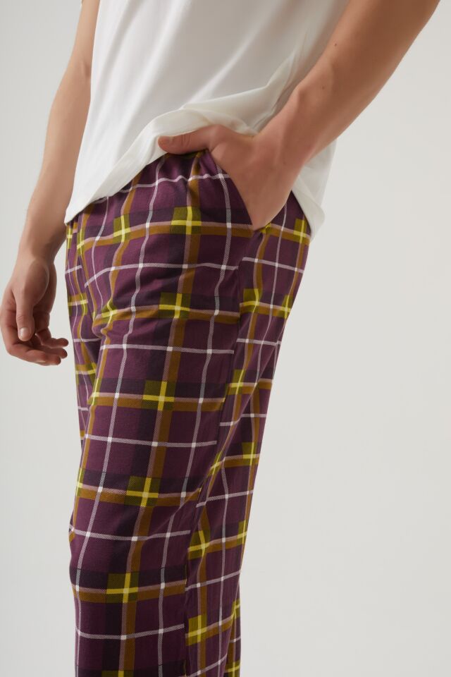 Erkek Kısa Kollu Pamuklu Ekose Desenli Breakfast Baskılı Pijama Takımı Bordo - Ekru - Sarı - L